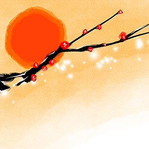 日の出が照らす紅梅