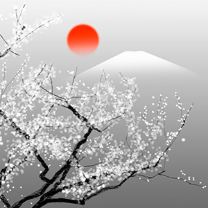 雪降る枝から望む富士