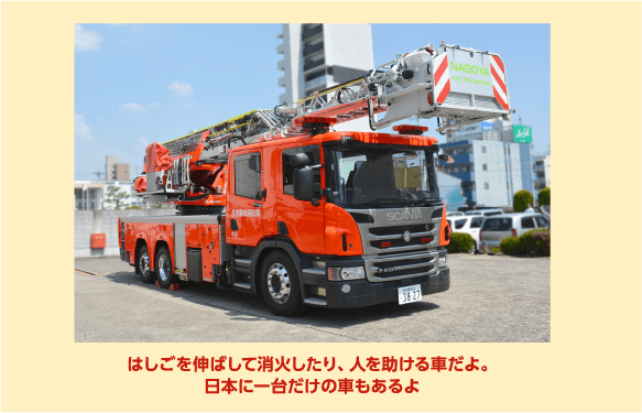 はしごを伸ばして消火したり、人を助ける車だよ。日本に一台だけの車もあるよ