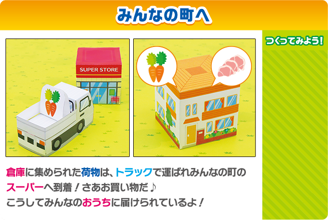 みんなの町へ 倉庫に集められた荷物は、トラックでみんなの町のスーパーへ到着！さあお買い物だ！こうしてみんなのおうちに届けられているよ！