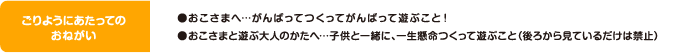 ごりようにあたってのおねがい ●おこさまへ…がんばってつくってがんばって遊ぶこと！ ●おこさまと遊ぶ大人のかたへ…子供と一緒に、一生懸命つくって遊ぶこと（後ろから見ているだけは禁止）