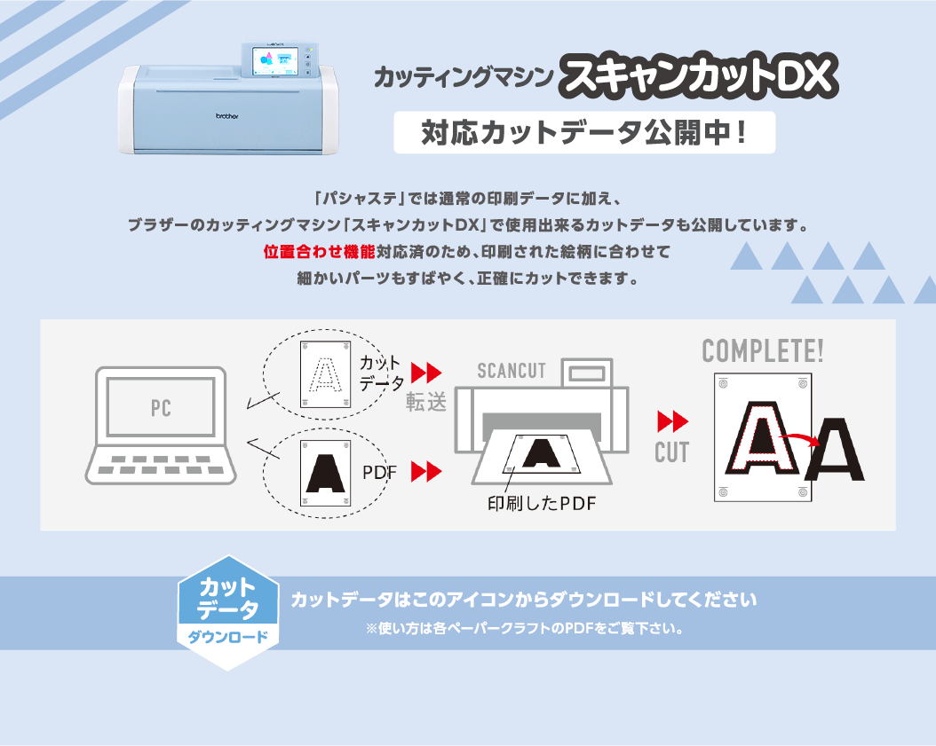 カッティングマシン「スキャンカットDX」対応カットデータ公開中！「パシャステ」では通常の印刷データ（PDF）に加え、ブラザーのカッティングマシン「スキャンカットDX」で使用できるカットデータも公開しています。位置合わせ機能対応済みのため、印刷された絵柄に合わせて細かいパーツもすばやく、正確にカットできます。